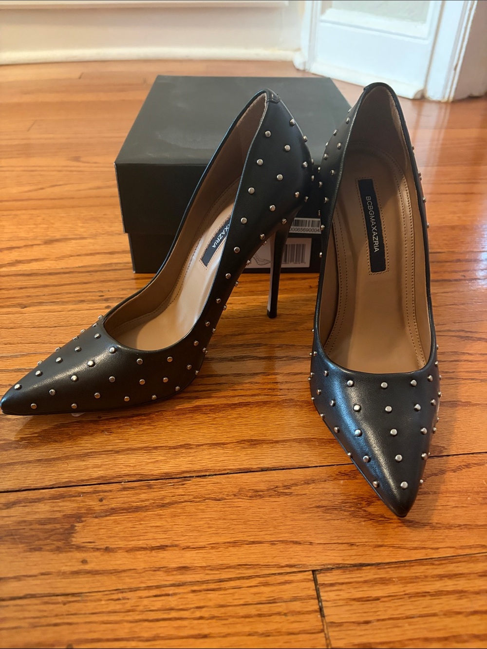 BCBG Max Azria Black Leather Pointed Stud Pumps